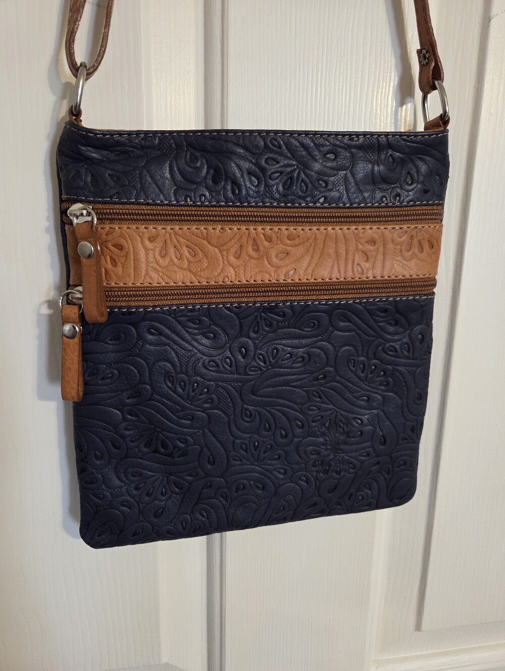 Italian Tan & Blue Embossed Leather Crossbody Bag